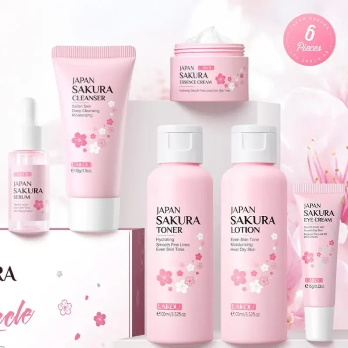 Sakura Facial Cleaner Korean Face Serum Anti Acne Peeling Gel Moisturize Fade Dark Circles Eye Cream Skin Care Set women gift - Image 2